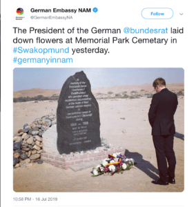 A tweet from the German Embassy in Namibia (@GermanEmbassyNA) that reads: The President of the German @bundesrat laid down flowers at Memorial Park Cemetary in #Swakopmund yesterday. #germanyinnam,