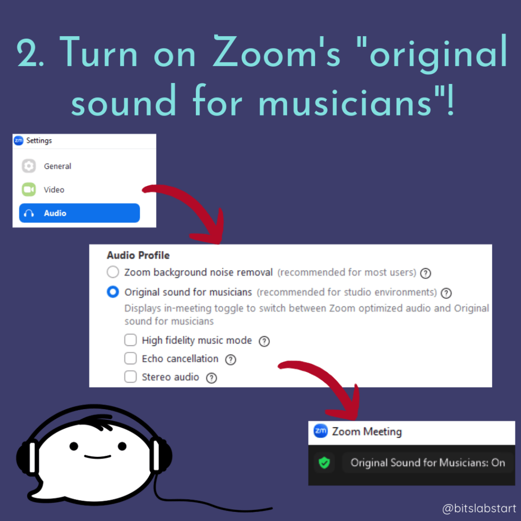 Text reads "Turn on Zoom's original sound for musicians!" Image shows screenshots of the Audio Settings dialog in Zoom, then the Audio profile dialog with "Original sound for musicians" selected and all other settings unchecked, then the Zoom Meeting tab with a notification "Original sound for musicians: On"