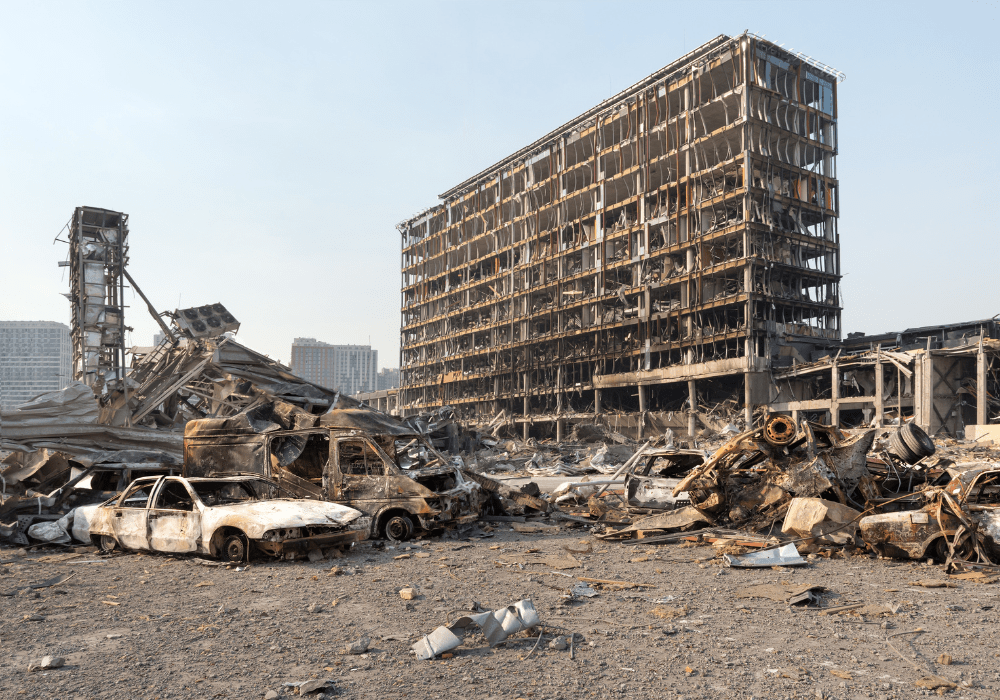 Russia war damage building destruction city war ruins city damage car. Terror attack bomb shell of civilian bombed.