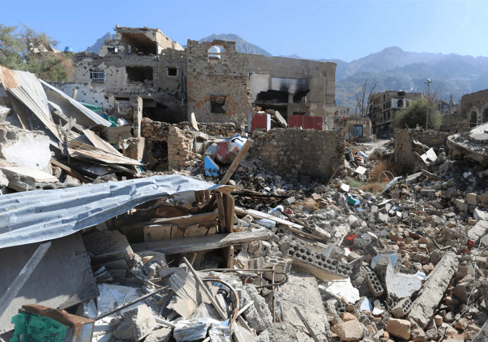 A neighborhood completely destroyed by war in the city of Taiz, Yemen.