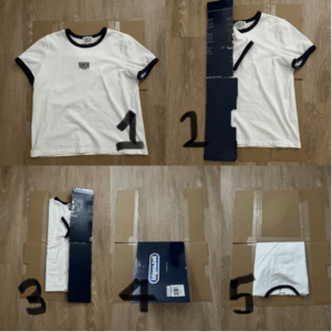 Series of 5 photos showing the steps of using the "foldie" to perfectly fold a shirt.