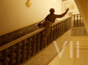 Soldier in combat gearing sliding down marble staircase