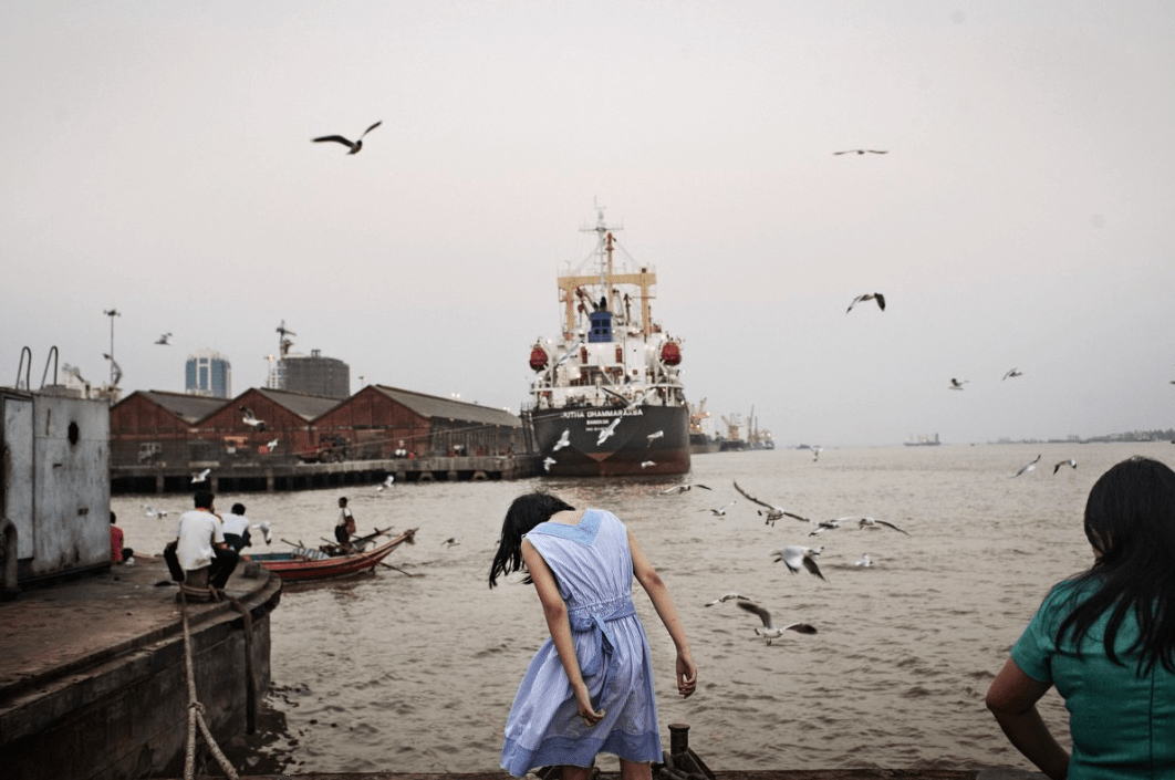 Woman on fishing dock with birds and ships in the distance