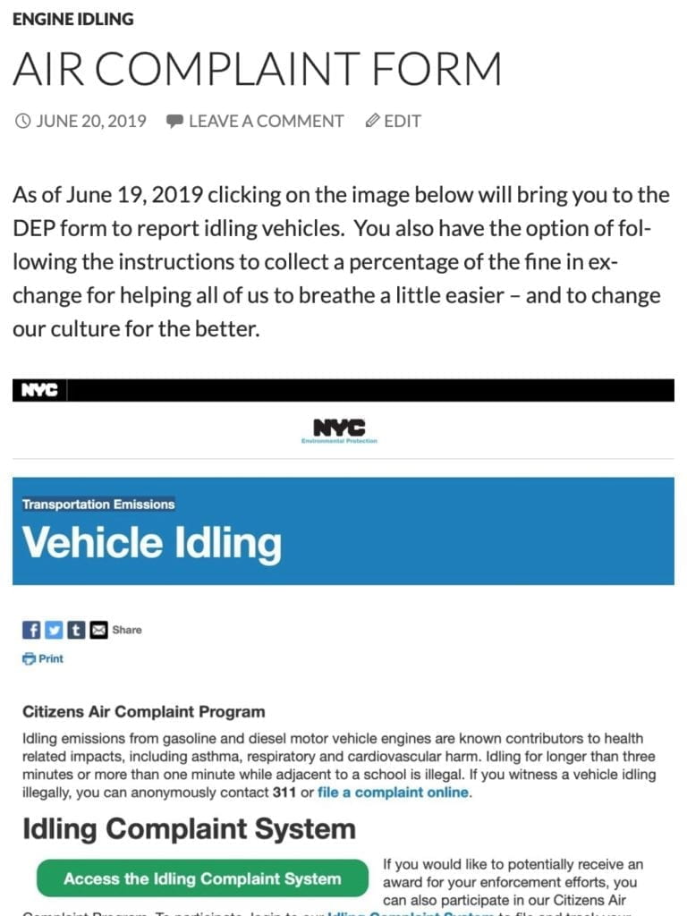 ENGINE IDLING AIR COMPLAINT FORM JUNE 20, 2019 LEAVE A COMMENT EDIT As of June 19, 2019 clicking on the image below will bring you to the DEP form to report idling vehicles. You also have the option of following the instructions to collect a percentage of the fine in exchange for helping all of us to breathe a little easier – and to change our culture for the better.