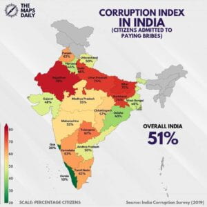 A map of India showing the percentage of residents in each state who have paid a bribe