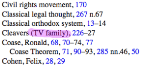 Detail of an index from Postmodern Legal Movements (New York University Press) showing a qualifier of the index entry Cleavers that reads TV family.