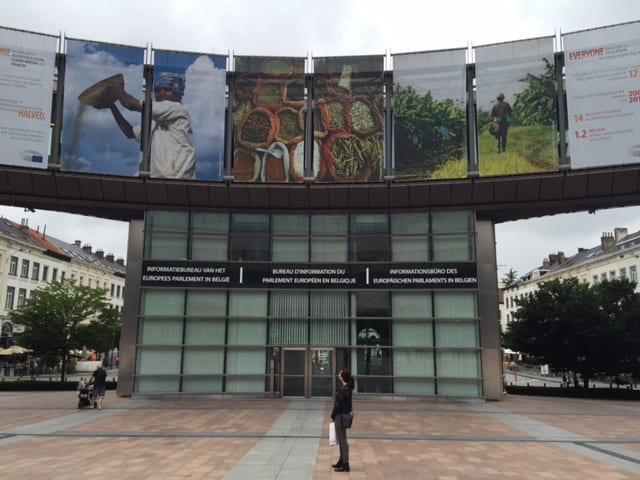 In front of the European Parliament building showing colorful posters