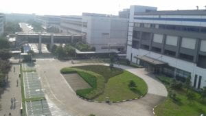 grassy plaza in front of building