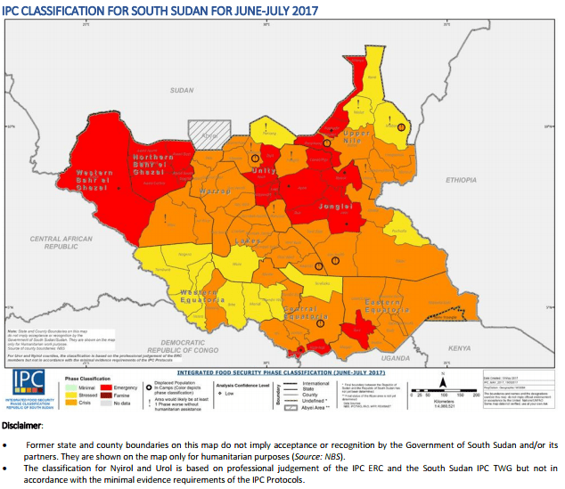 Map of phase classification for food security in regions of South Sudan. 