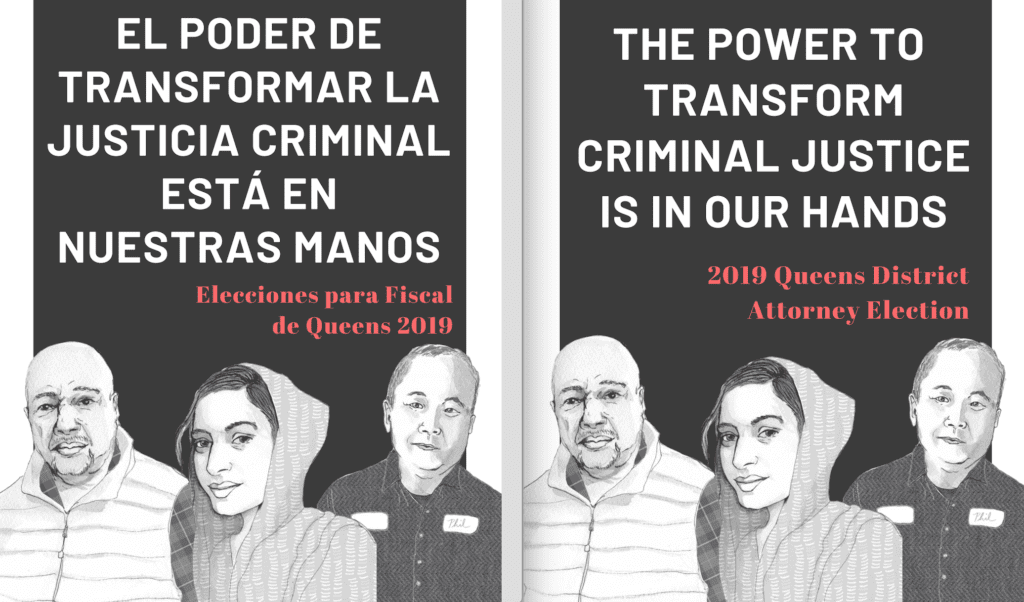 Two book covers titled "The Power to Transform Criminal Justice Is In Our Hands: 2019 Queens District Attorney Election" in English and Spanish