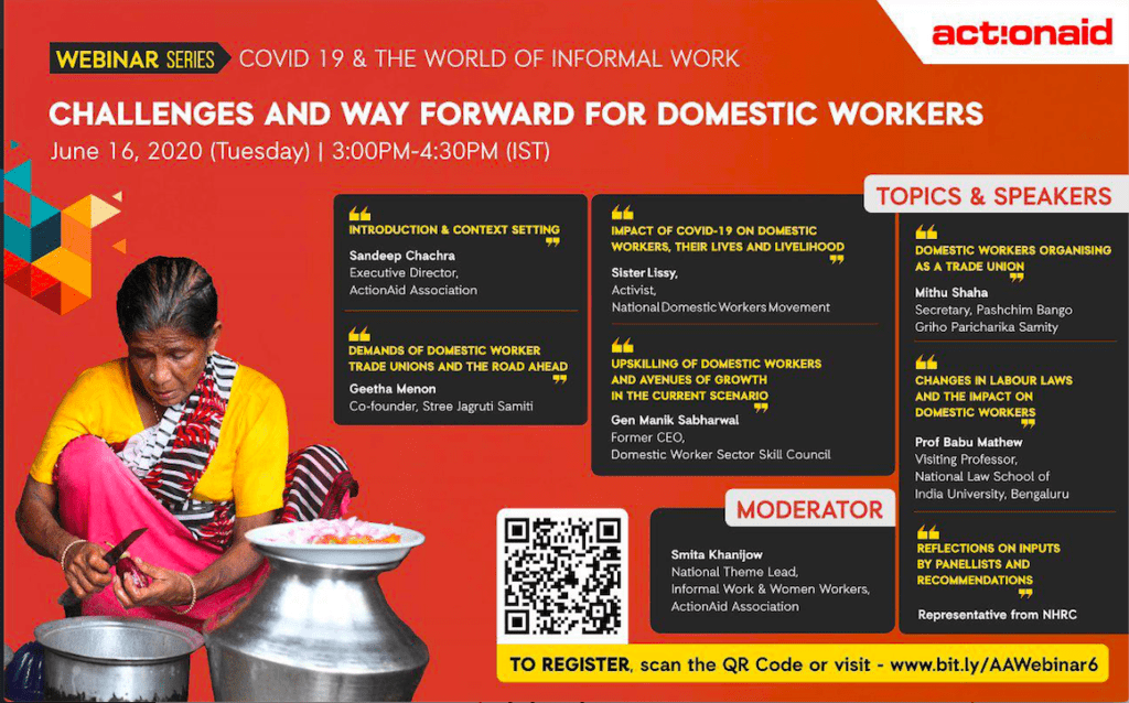 Actionaid poster advertising webinars on challenges of COVID-19 for domestic workers