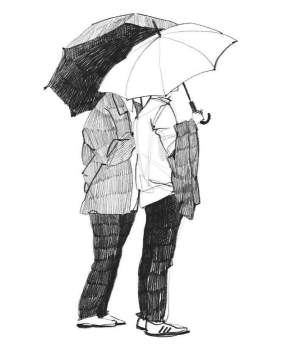 Drawing of people with umbrella