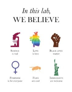 In this lab, we believe: science is real (microscope image), love is love (rainbow anatomical heart), black lives matter (brown raised fist), feminism is for everyone (female symbol), flies are cool (image of flies), immigrants are welcome (statue of liberty).