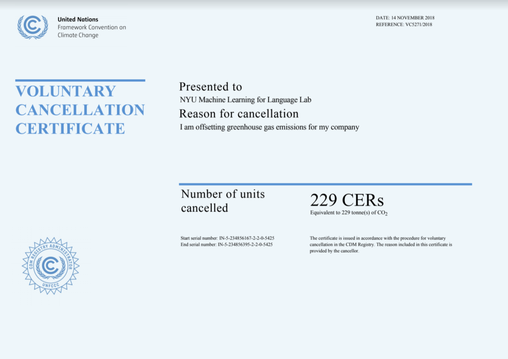 UNFCCC Offset Certificate