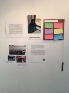 Raquel's Exhibit, featuring images, text, and multicolored index cards with a pen to write on them.