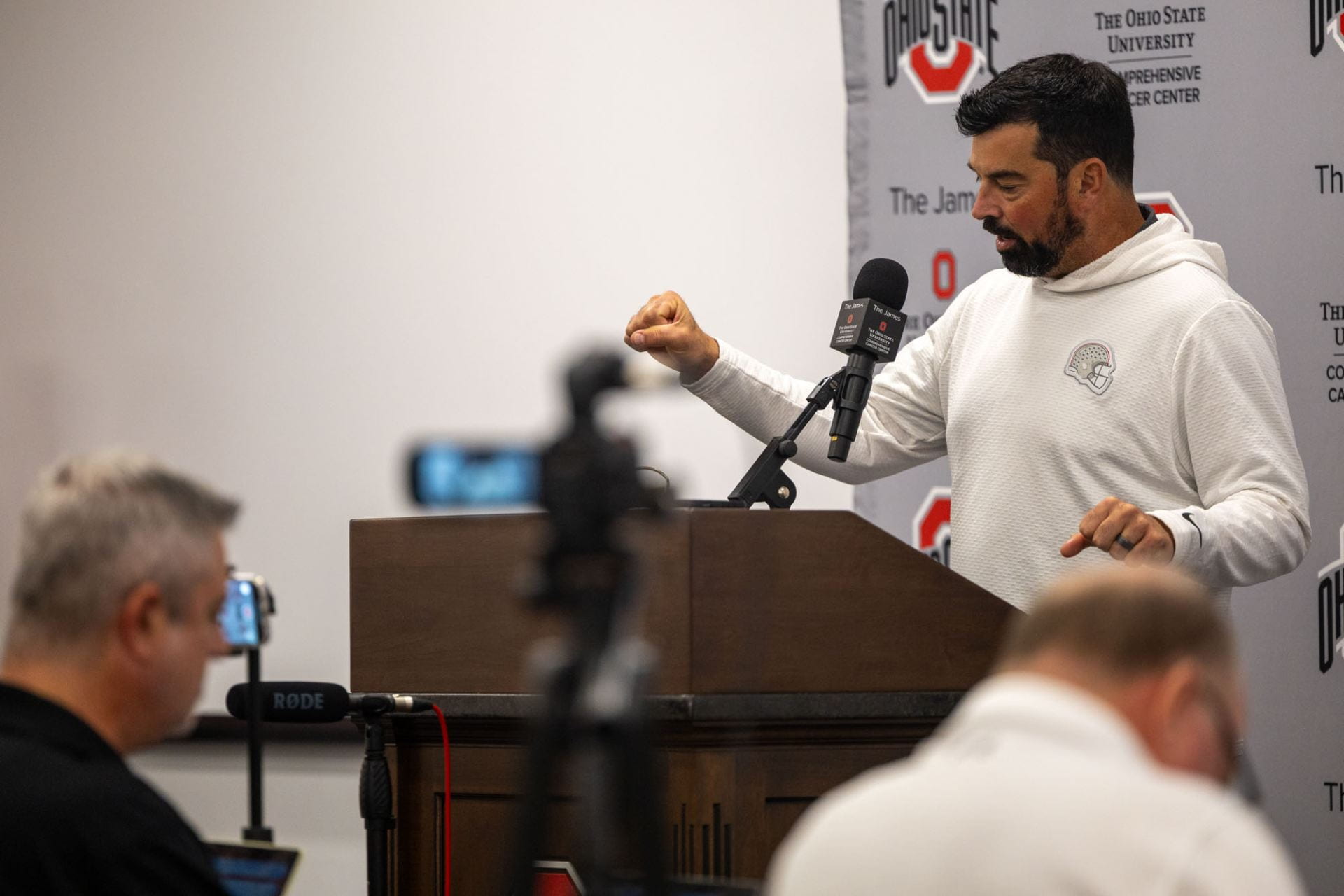 Ryan Day addressing the media at Ohio State (archive photo).